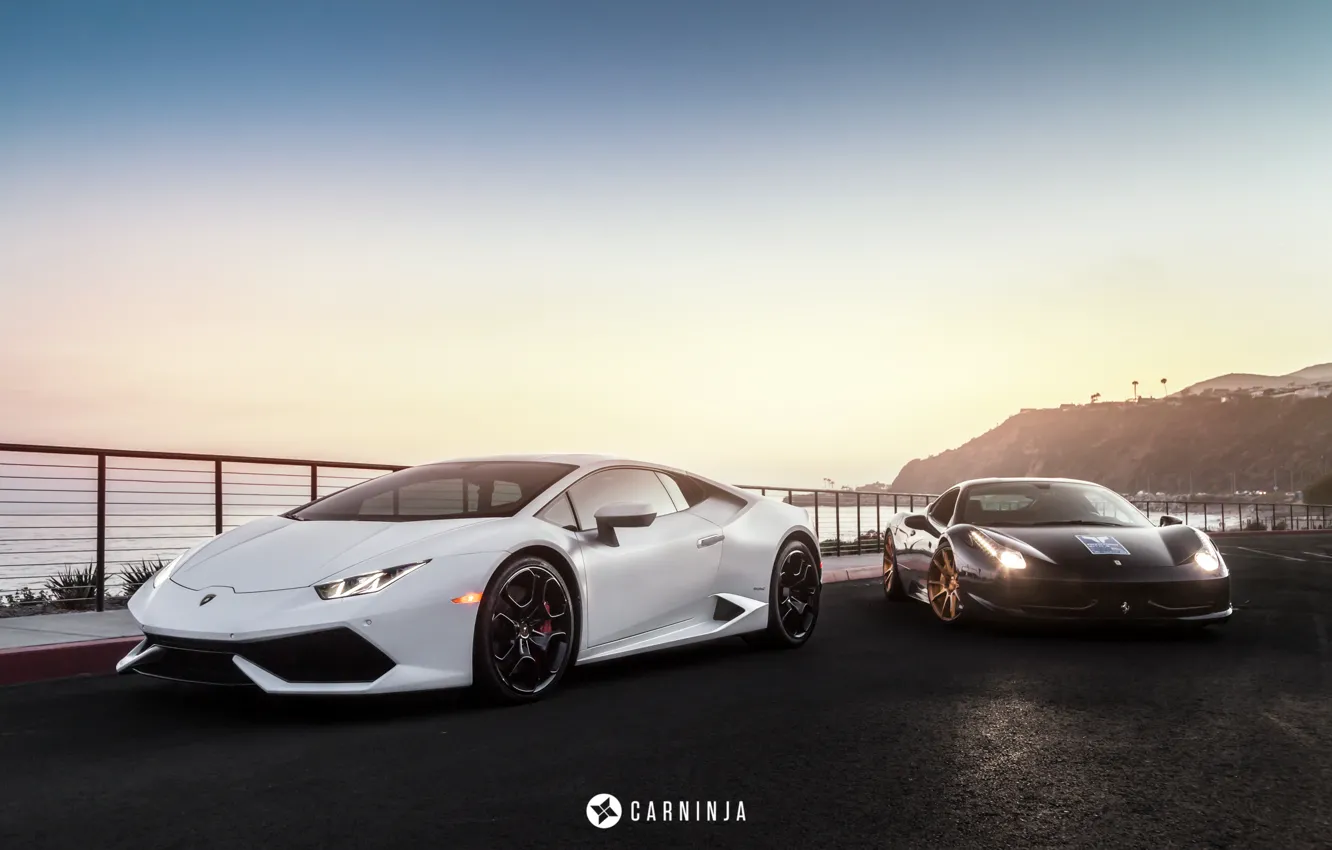 Фото обои Lamborghini, Белый, Феррари, Италия, Ferrari, 458, Black, Чёрная, Суперкар, White, 2009, Ламборгини, Italia, Supercar, 2014, …