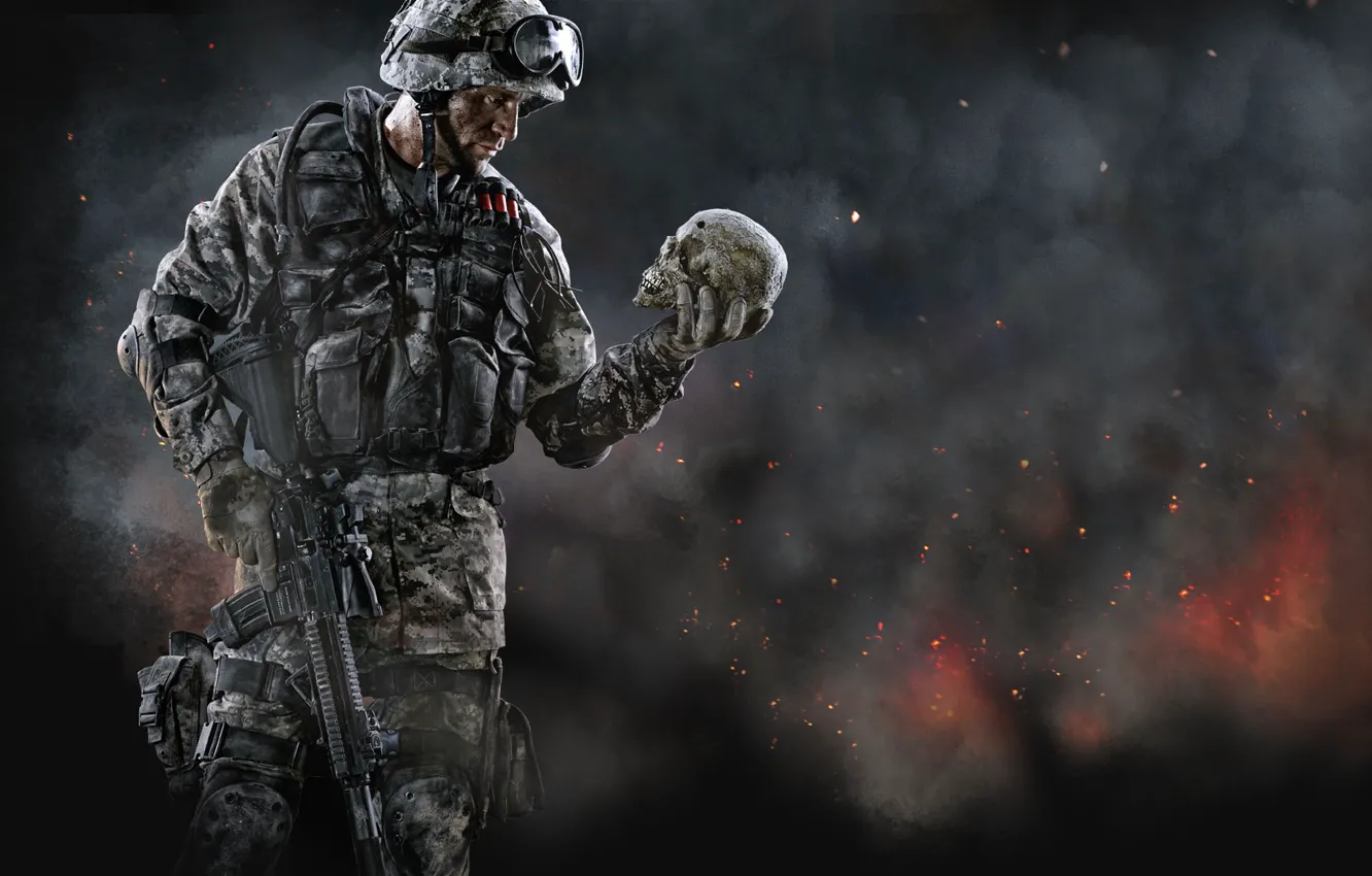 Фото обои оружие, пламя, череп, солдат, патроны, винтовка, каска, бронежилет, Crytek, дим, Warface