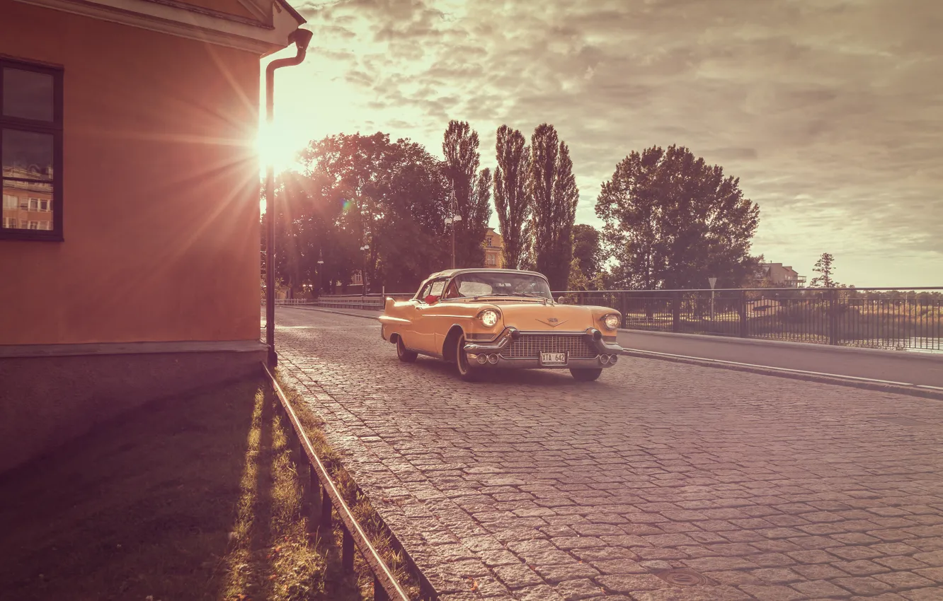 Фото обои Cadillac, yellow, sunset, 1956, Coupe DeVille