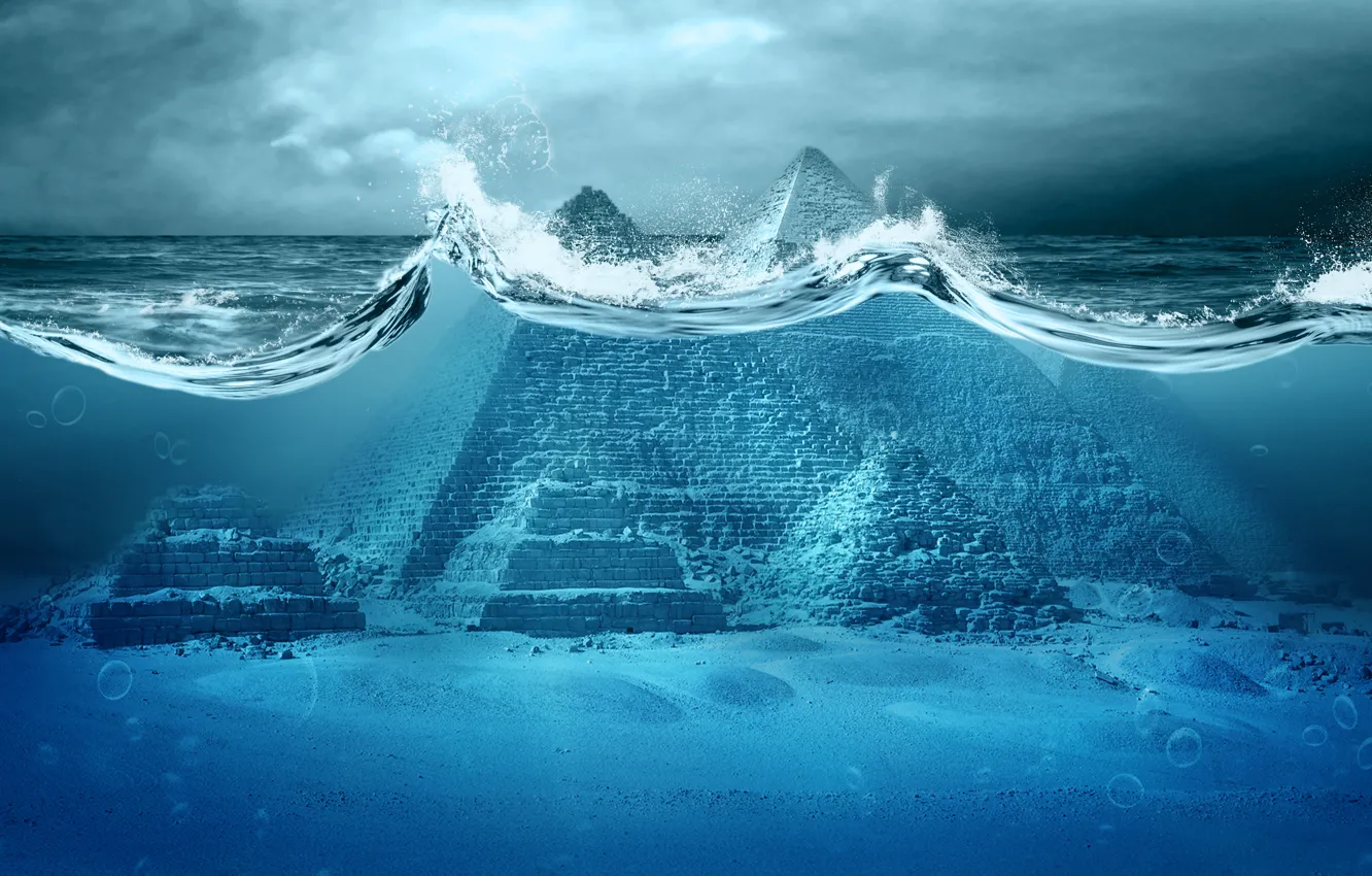 Фото обои океан, катастрофа, Апокалипсис, пирамиды, storm, sea, ocean, Egypt, fantastic, tsunami, wave, pyramid, Apocalypse, Armageddon