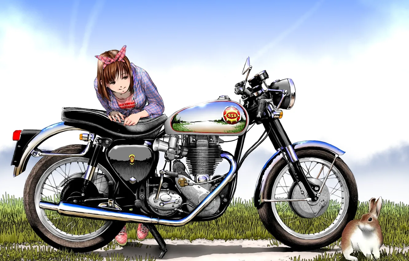 Фото обои девушка, рисунок, заяц, арт, мотоцикл, sco