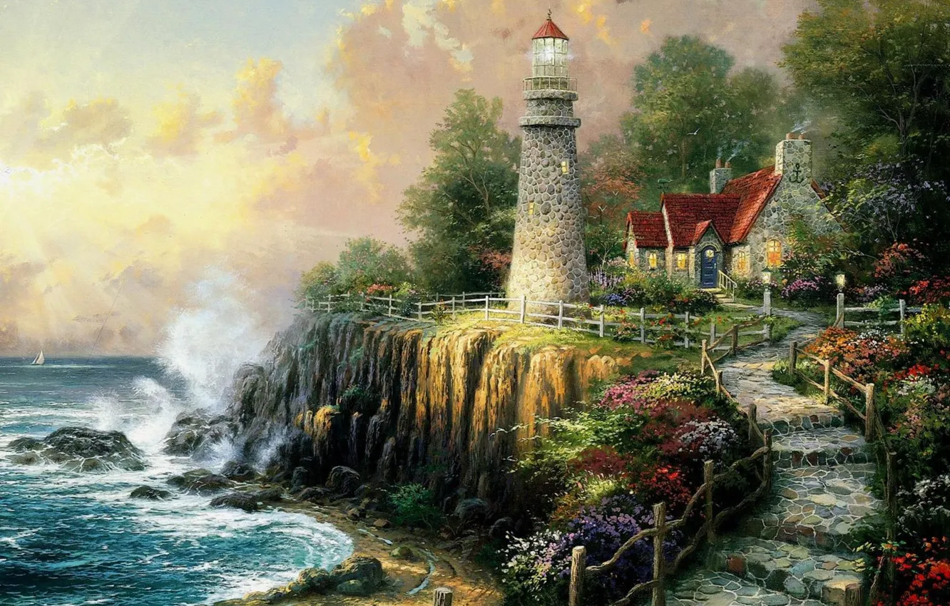 Фото обои море, волны, природа, дом, обрыв, маяк, дорожка, ступени, house, живопись, коттедж, искусство, sea, art, Томас …