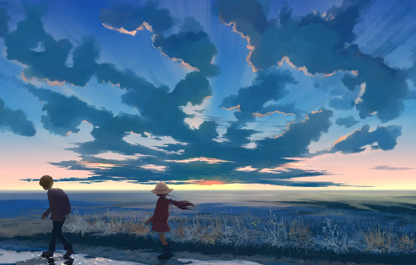 Фото обои небо, облака, закат, природа, шляпа, аниме, мальчик, арт, девочка, hangmoon