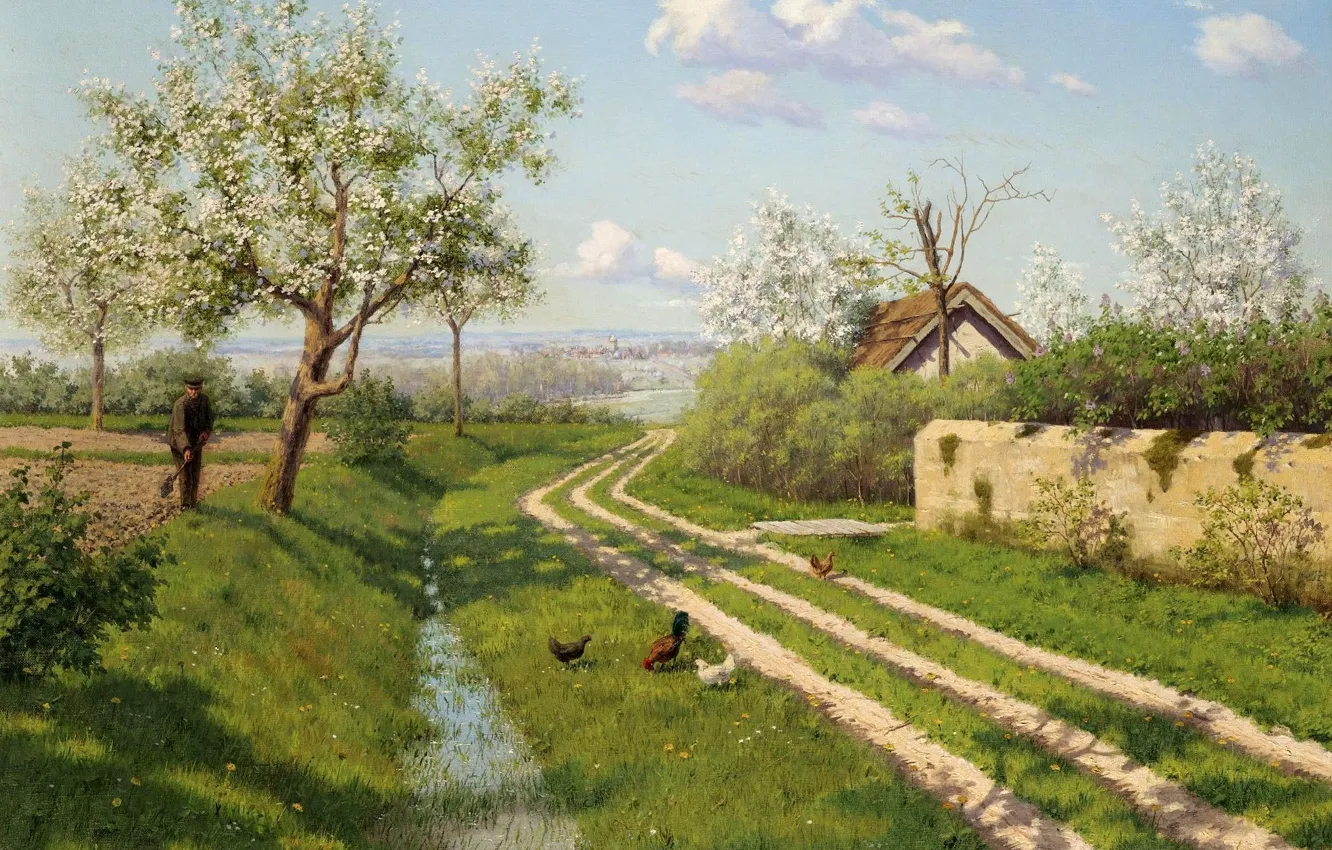 Фото обои дорога, крыша, трава, деревья, пейзаж, картина, весна, деревня, домик, цветение, обочина, куры, Борис Бессонов