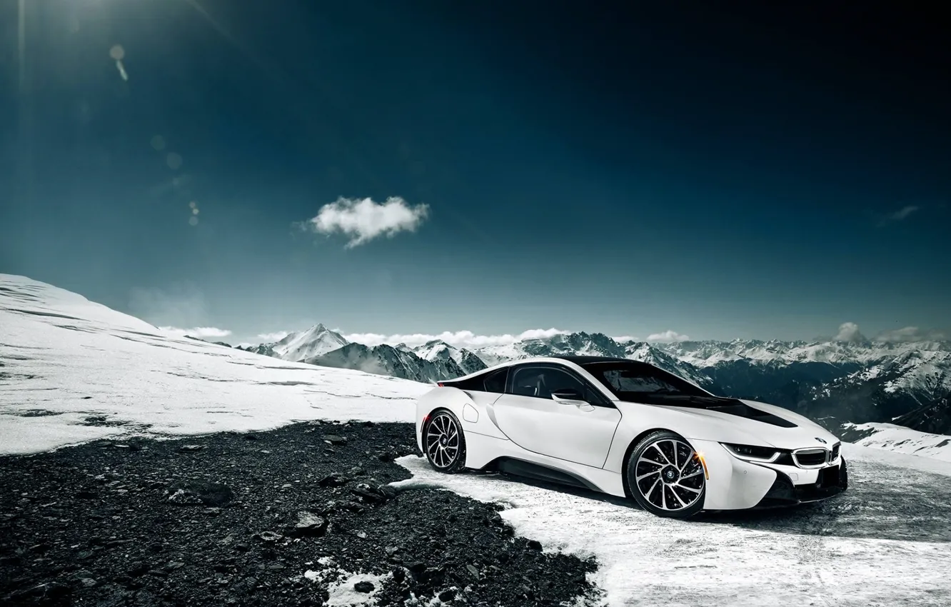 Фото обои BMW, Sky, Front, Sun, Snow, White, Moutian