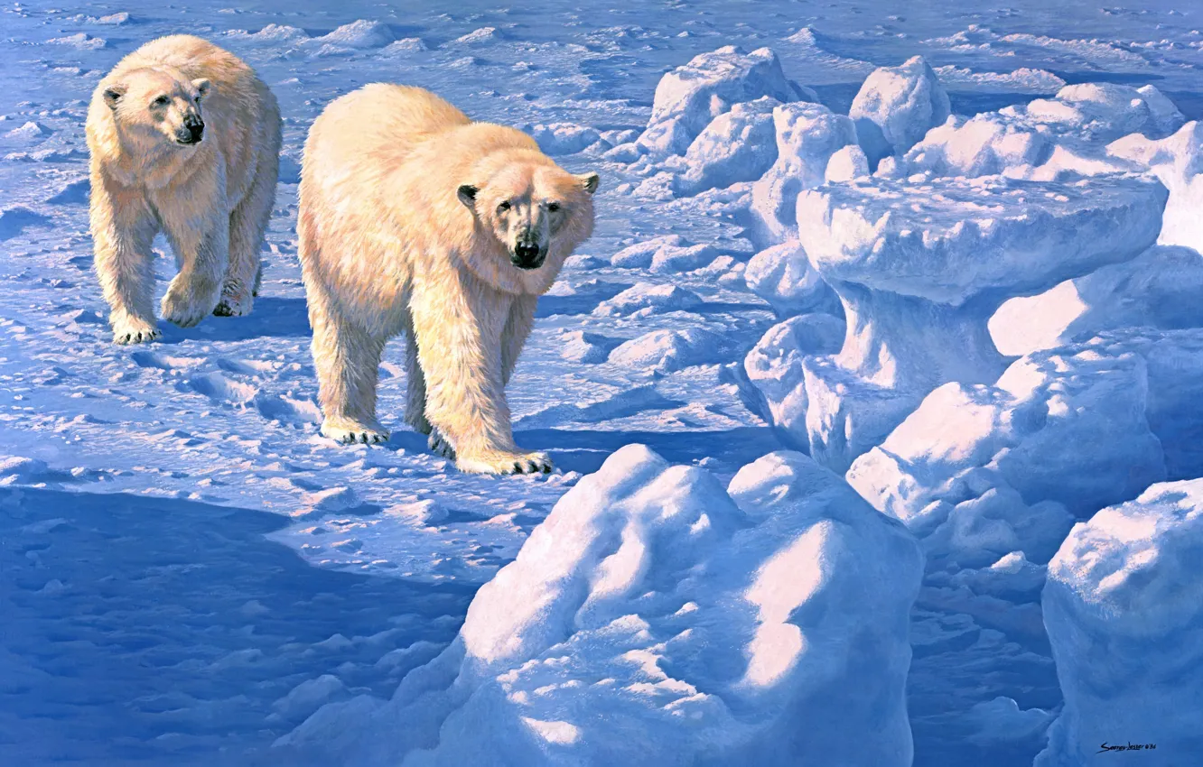 Фото обои зима, снег, медведи, живопись, белый медведь, John Seerey-Lester, Along the Ice Floe, полярный