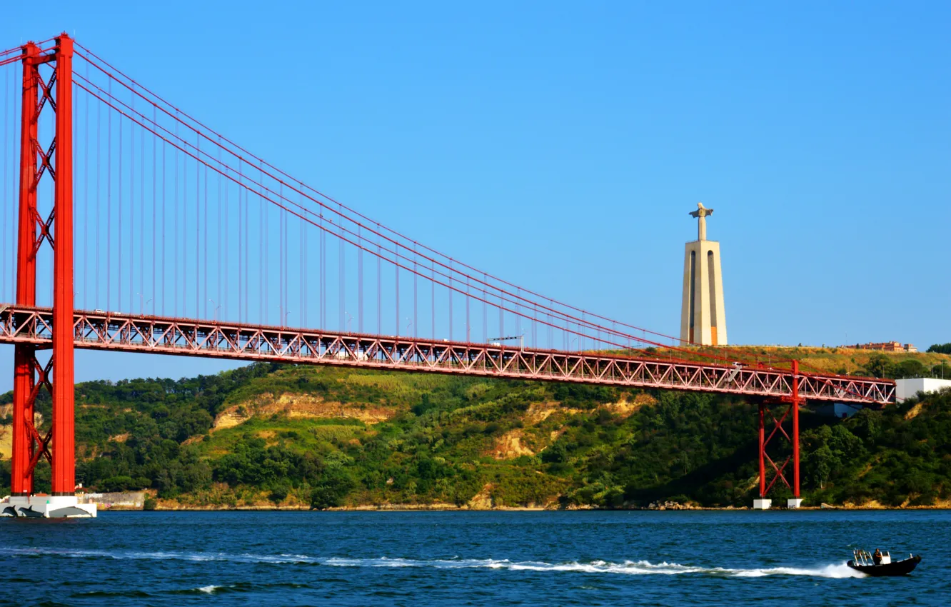 Фото обои мост, статуя, Португалия, Лиссабон
