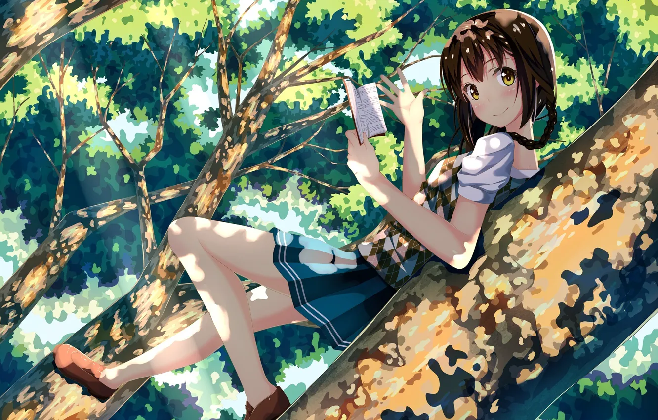 Фото обои девушка, солнце, деревья, улыбка, ветви, листва, аниме, арт, книг...