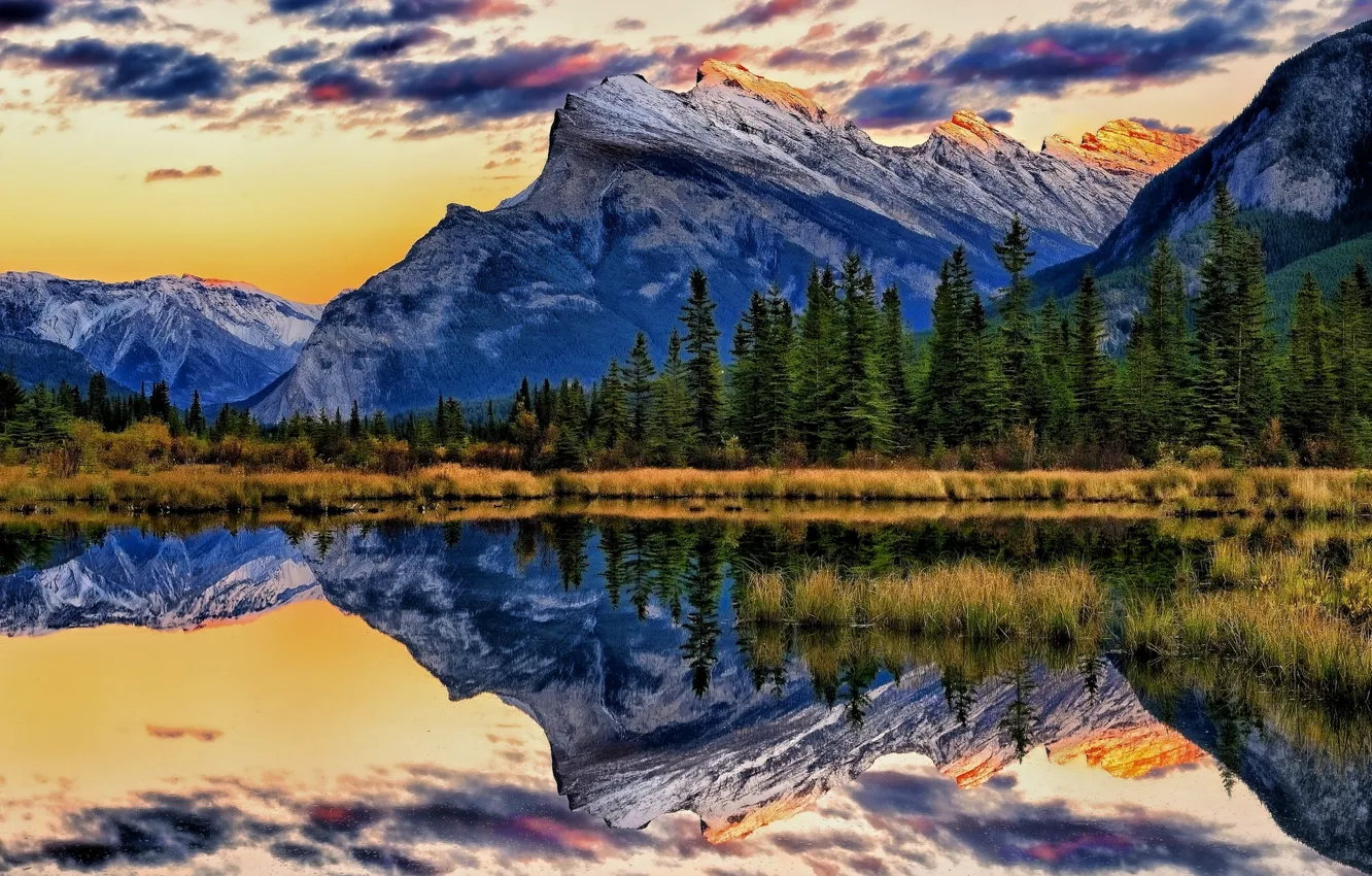 Фото обои горы, озеро, отражение, Канада, Альберта, Banff National Park, Alberta, Canada, Банф, Mount Rundle, Vermillion Lakes