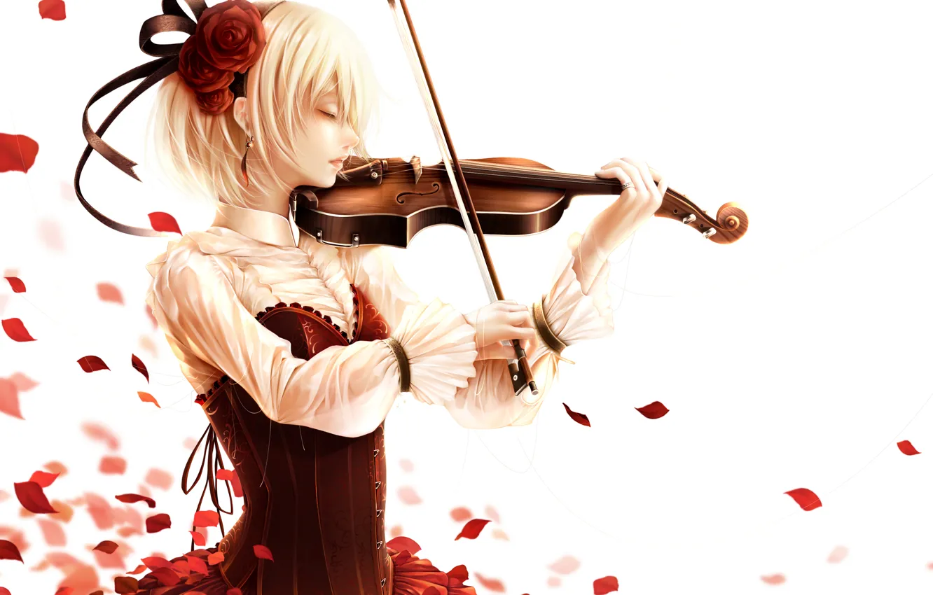 Фото обои девушка, скрипка, роза, аниме, лепестки, арт, bouno satoshi