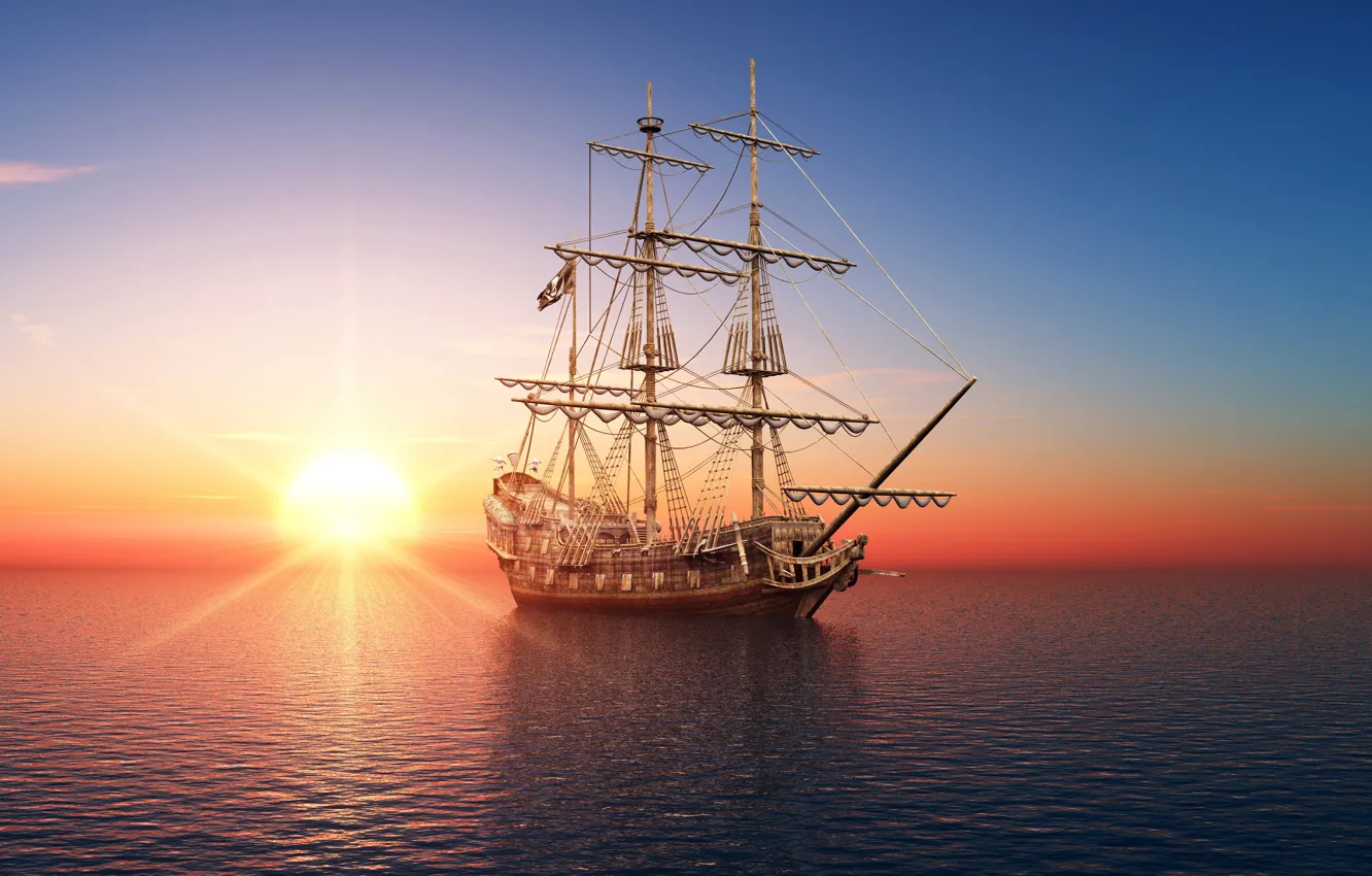 Фото обои море, закат, фото, рассвет, корабль, парусник, 3D графика