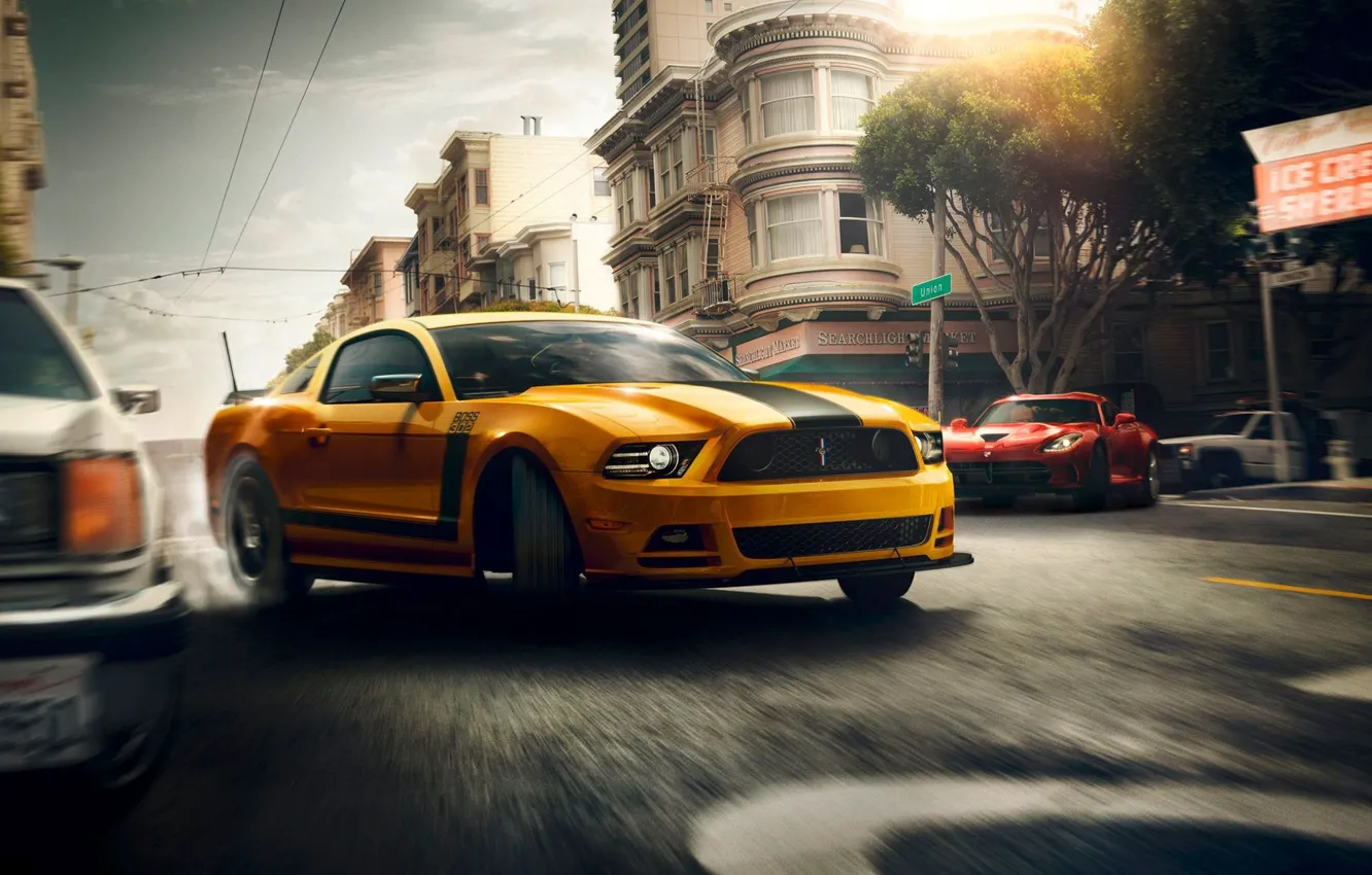 Фото обои Mustang, Ford, Muscle, Dodge, Red, Car, Viper, Speed, Front, Sun, Street, San Francisco, Yellow, 302, …