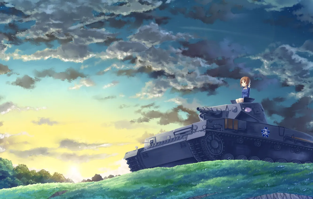 Фото обои небо, облака, пейзаж, восход, холм, арт, девочка, танк, girls und panzer, kasei, nishizumi miho, xyz