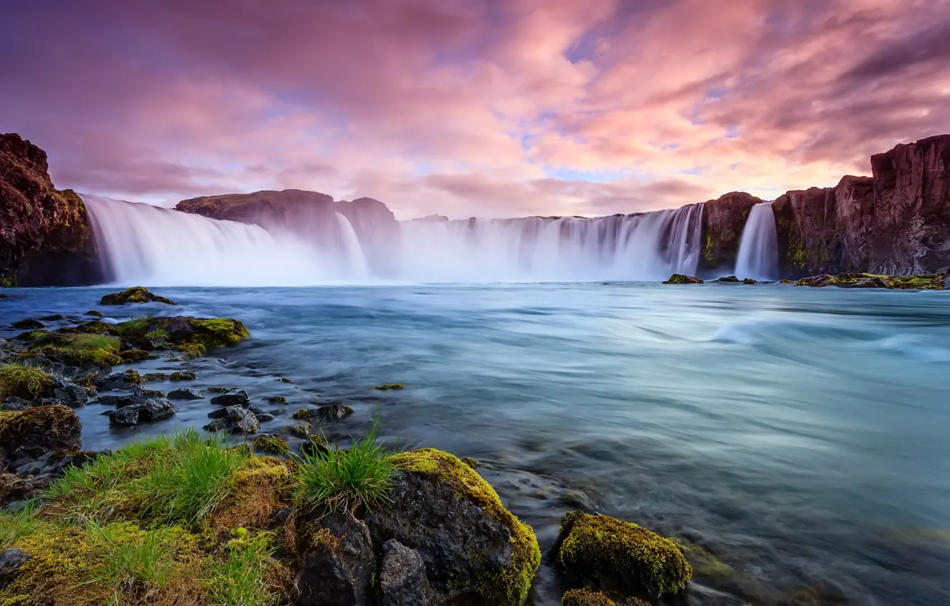 Фото обои облака, пейзаж, природа, река, камни, скалы, берег, водопад, поток, Исландия, Iceland
