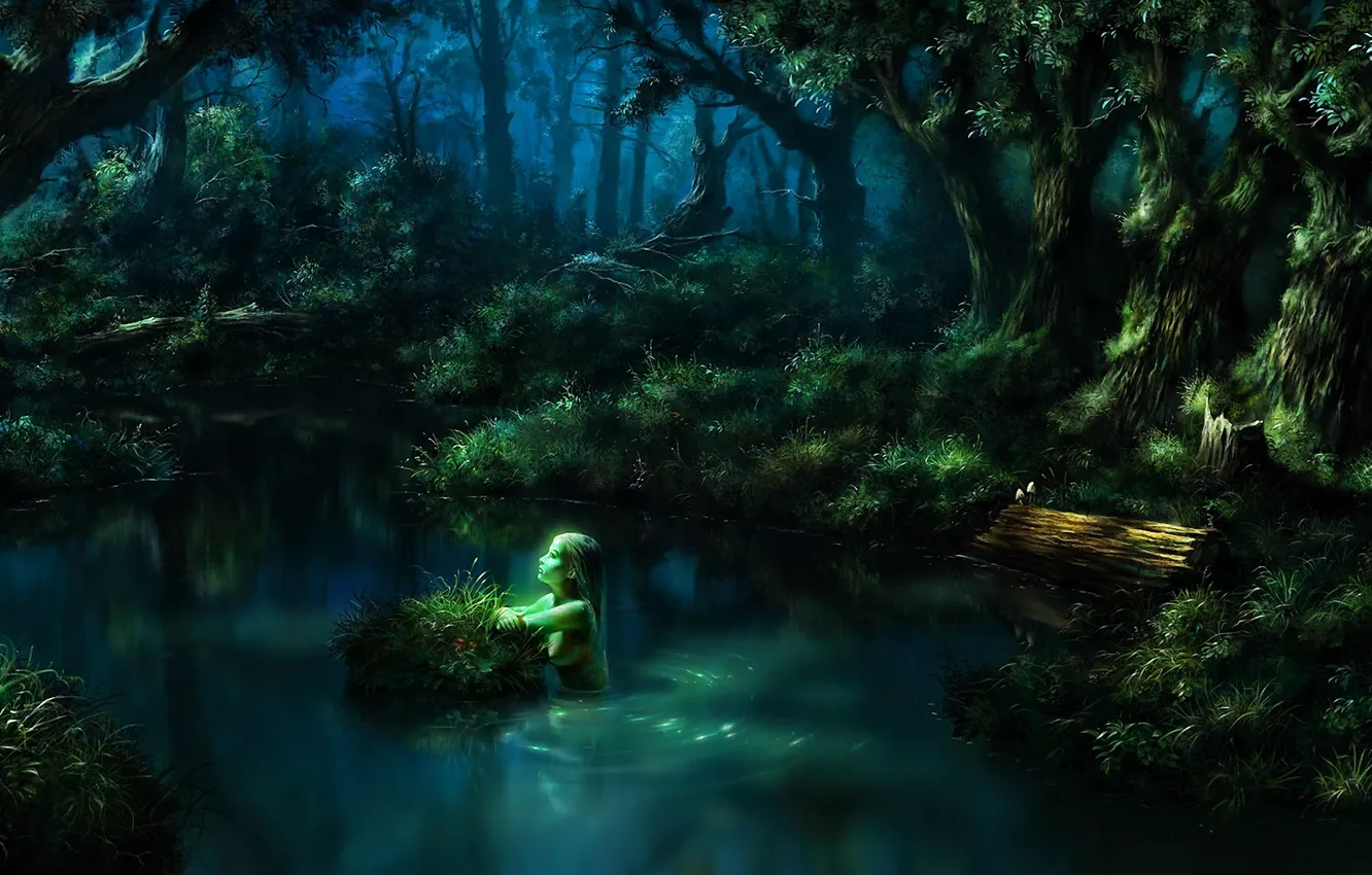Фото обои лес, вода, девушка, озеро, пруд, фэнтези, арт, бревно, нимфа, кочка