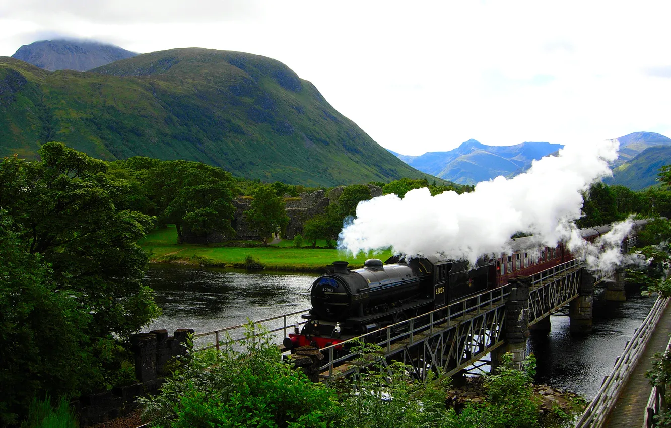 Фото обои горы, река, поезд, Hogwarts Express