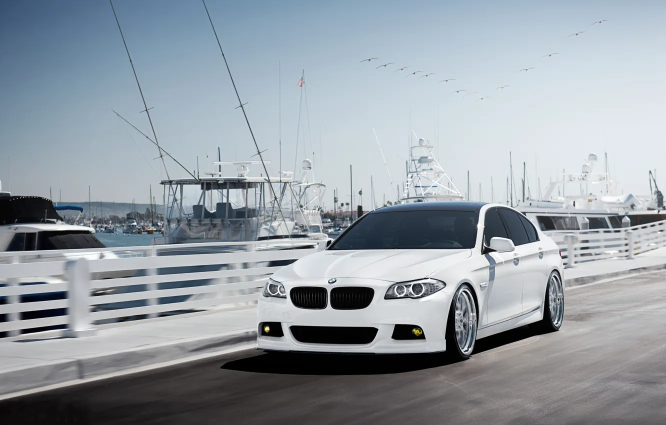 Фото обои бмв, скорость, яхты, BMW, причал, белая, white, F10, 5 Series
