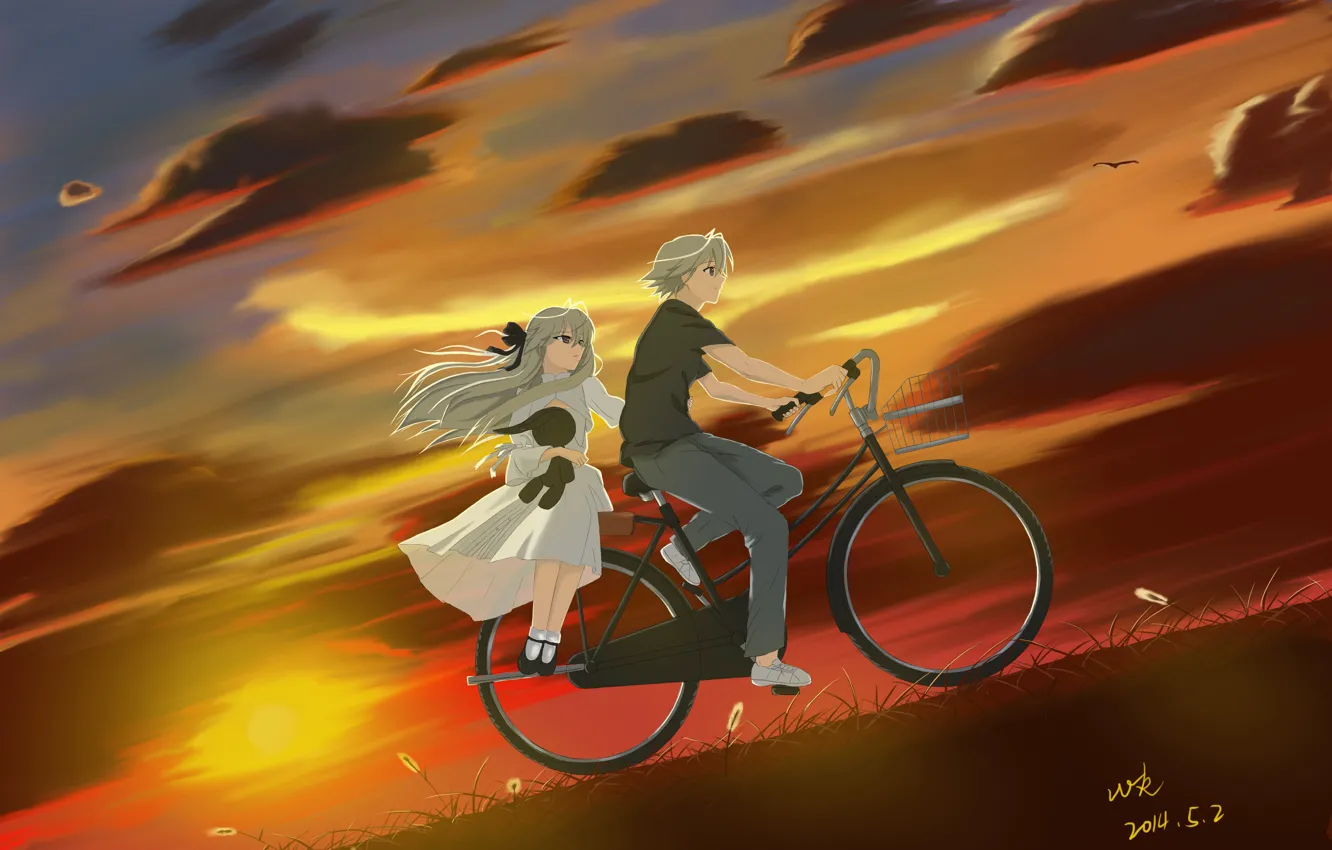 Фото обои небо, девушка, облака, закат, велосипед, аниме, арт, парень, kasugano sora, yosuga no sora, kasugano haruka, …