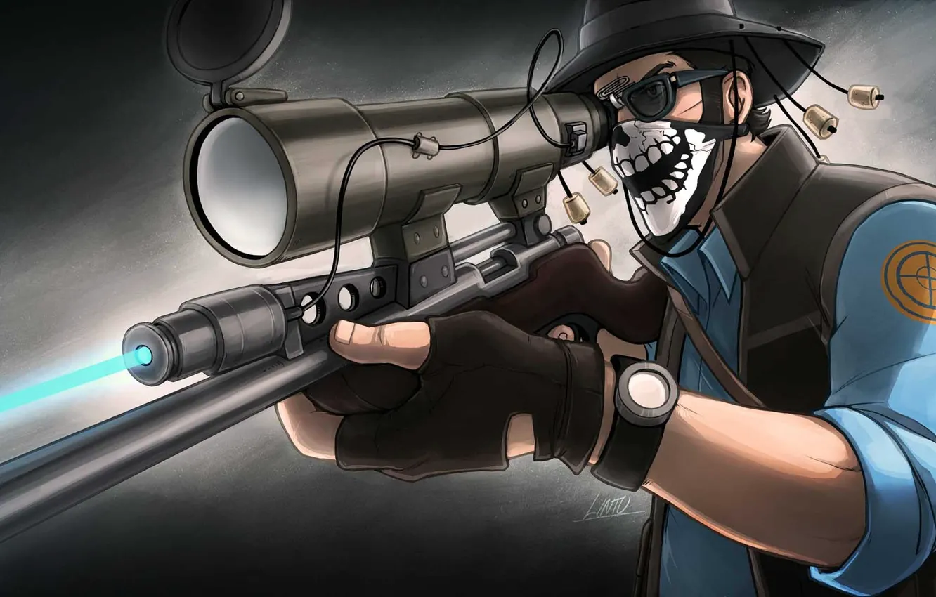 Фото обои шляпа, очки, снайпер, прицел, винтовка, платок, team fortress 2, sniper, sovereign, tf 2