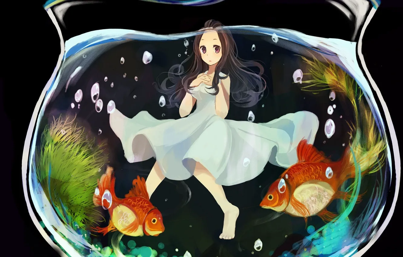Фото обои пузыри, аквариум, золотые рыбки, Девочка, белое платье