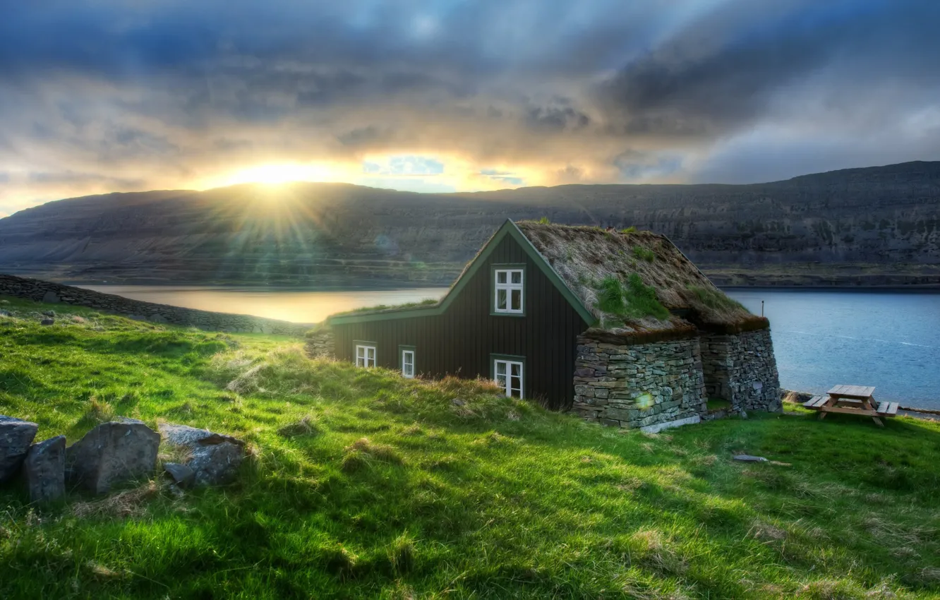 Фото обои солнце, дом, река, Europe, Iceland, исландия, Reykjavik
