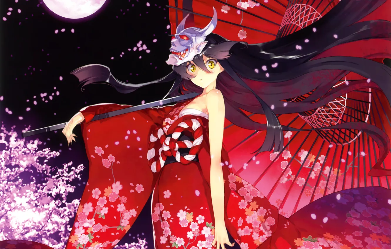 Фото обои девушка, цветы, ночь, луна, зонт, аниме, лепестки, сакура, маска, арт, кимоно, дьяволица, ueda ryou, демон …