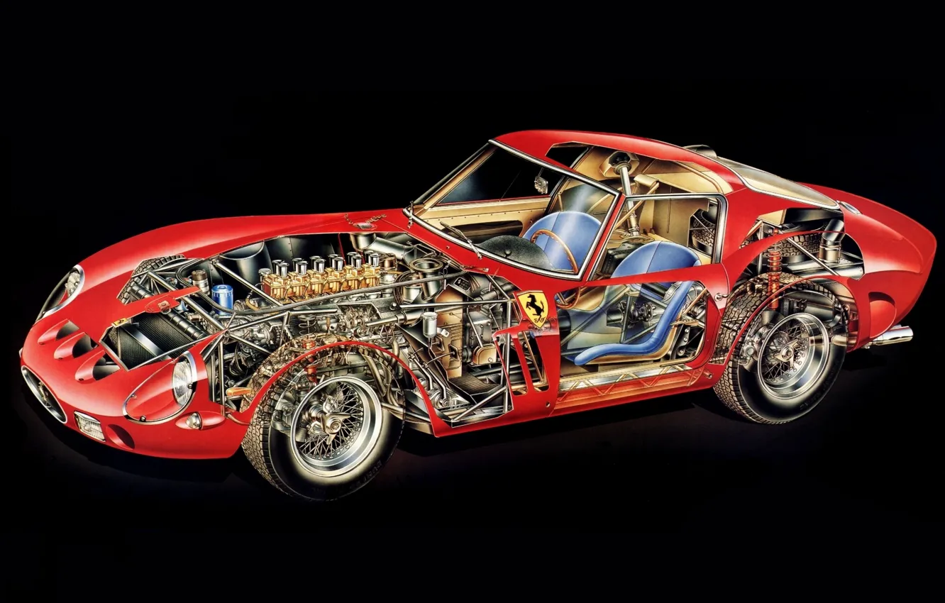 Фото обои фон, двигатель, интерьер, красная, GTO, 1962, Ferrari 250