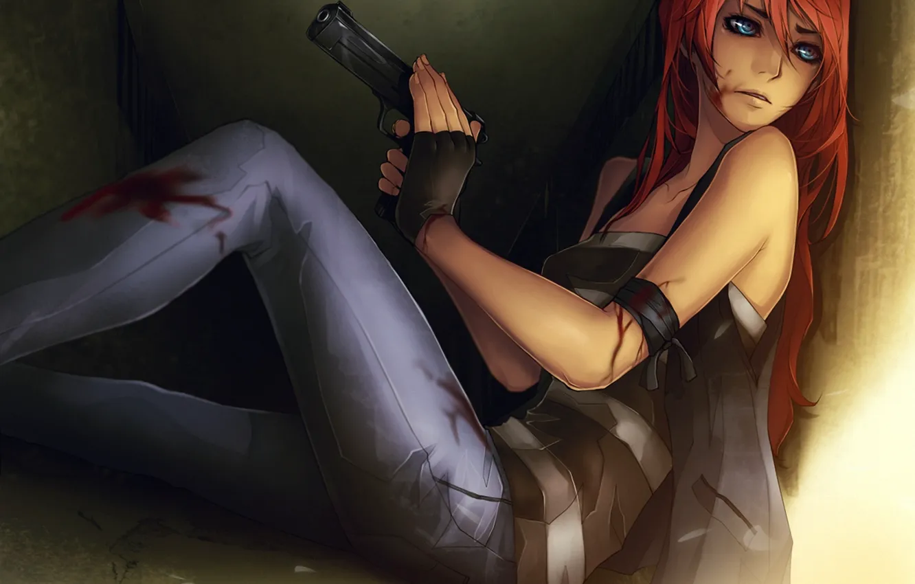 Фото обои девушка, пистолет, оружие, стена, кровь, арт, рыжая, рана, сидя, udonnodu