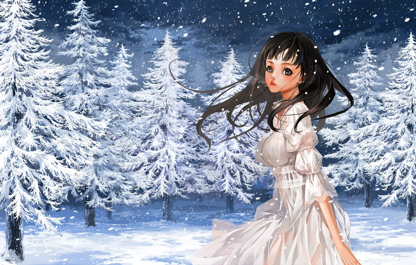 Фото обои зима, девушка, снег, природа, елки, аниме, арт, пар, justminor