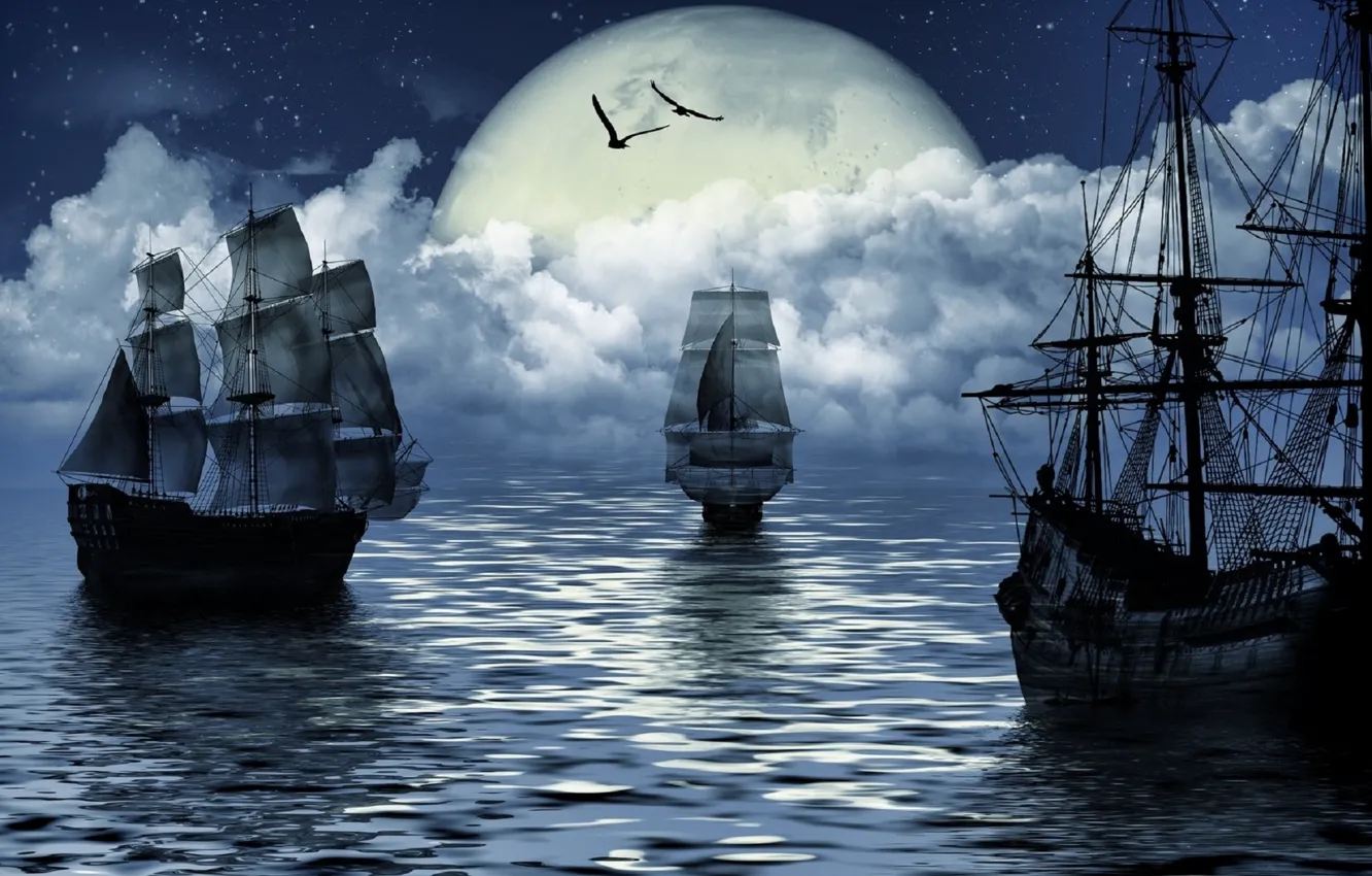 Фото обои море, фантазия, луна, корабль, moon, fantasy, sea, ship, sailing, парусный спорт