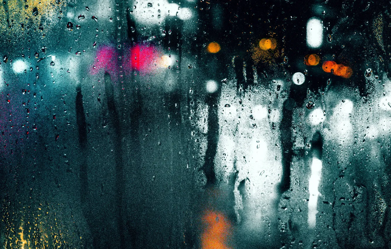 Фото обои мокро, стекло, капли, макро, свет, город, блики, дождь, боке