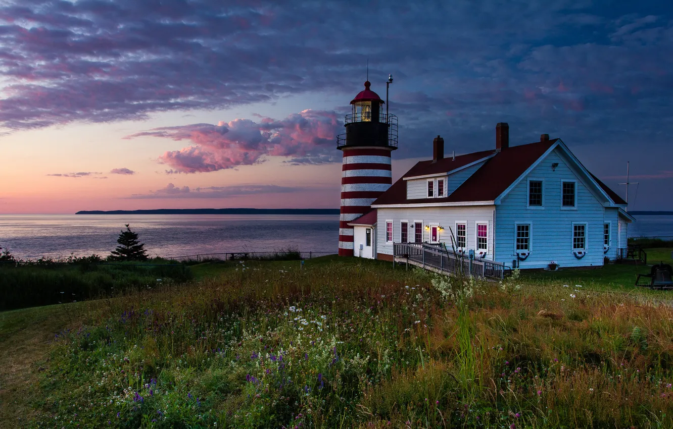 Фото обои небо, трава, дом, маяк, утро, США, United States, штат, Maine, за...
