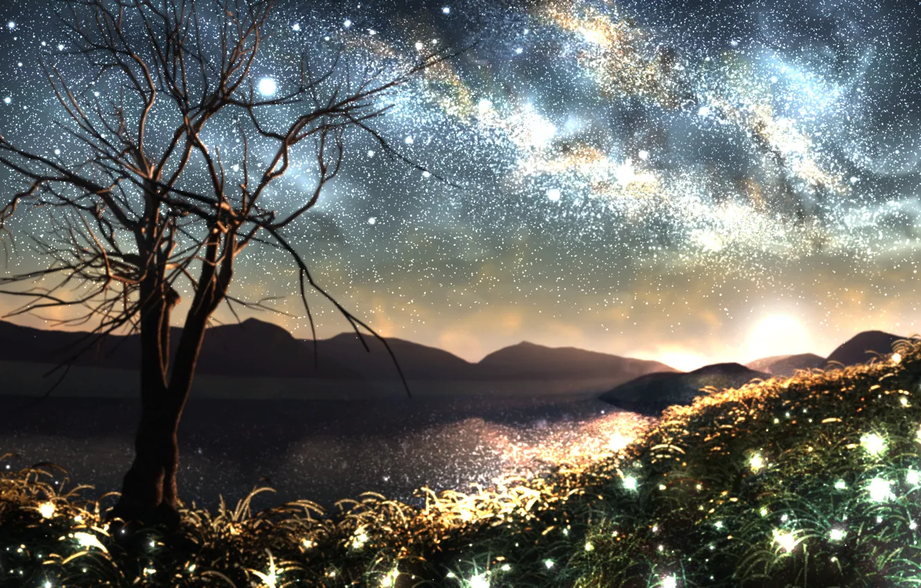 Фото обои трава, космос, звезды, природа, светлячки, дерево, горизонт, арт, млечный путь, y-k
