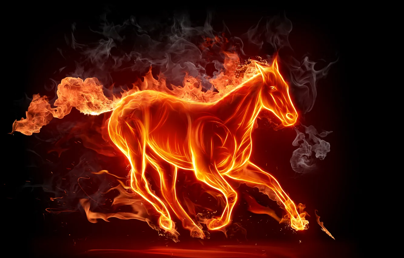 Фото обои темный фон, огонь, конь, дым