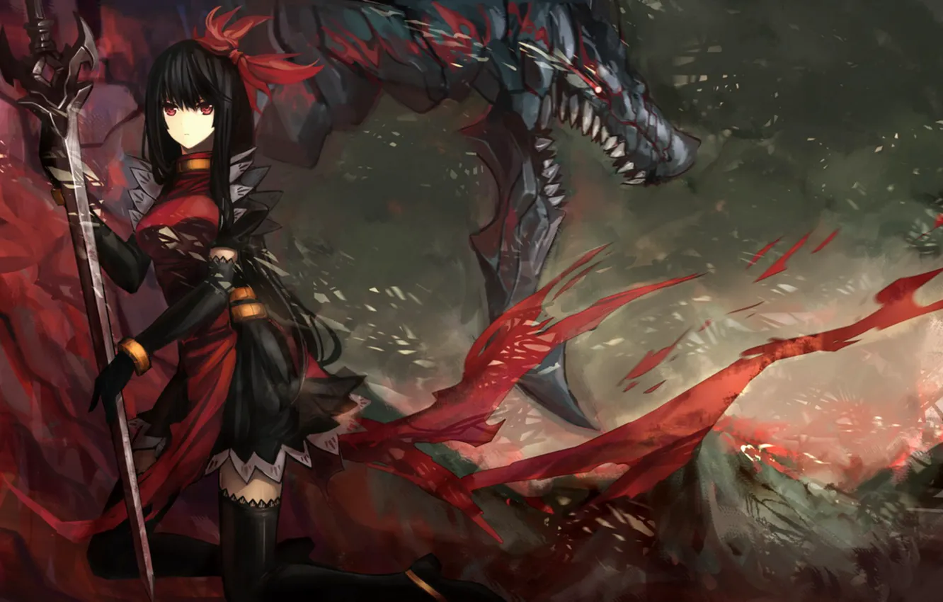 Фото обои девушка, дракон, рисунок, монстр, меч, чулки, пасть