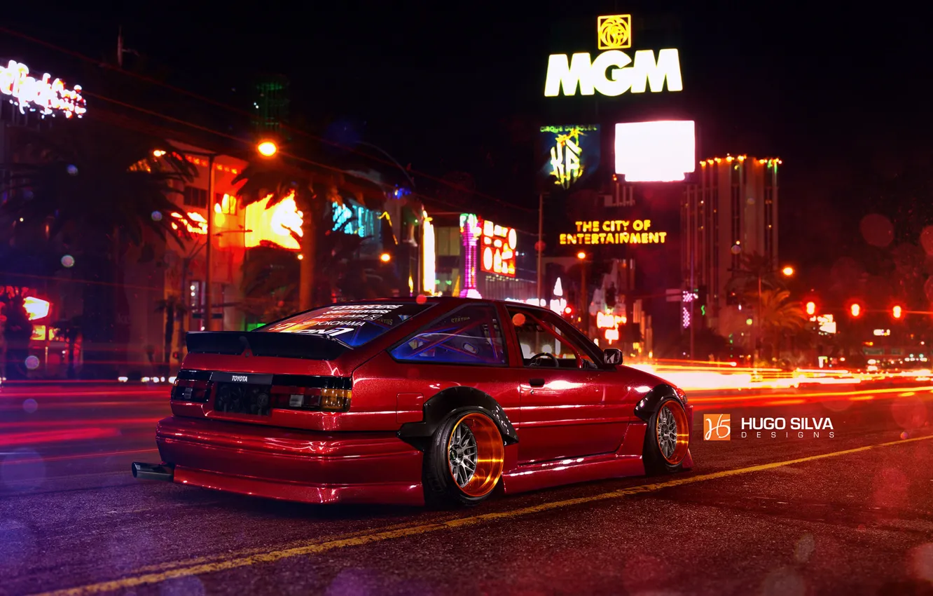 Фото обои Red, Toyota, Las Vegas, AE86, Stance, Wheels, Corolla, Rear, Nigth, by Hugo Silva