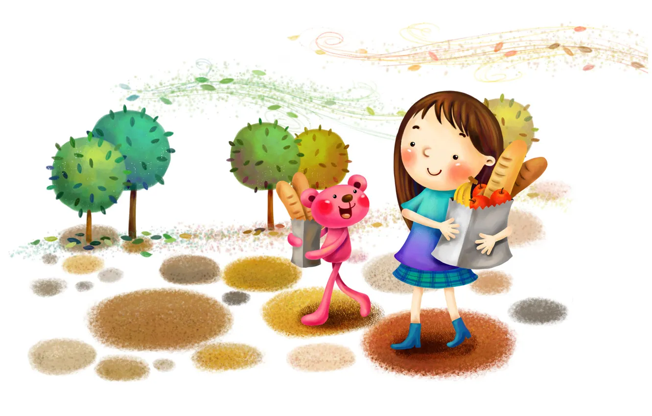 Фото обои деревья, улыбка, парк, ветер, рисунок, хлеб, девочка, фрукты, сапожки, зверёк