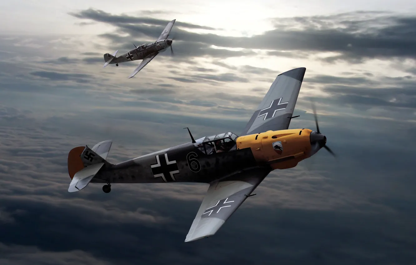 Фото обои небо, облака, рисунок, Messerschmitt, самолёты, Вторая мировая война, Bf.109, Мессершмитты