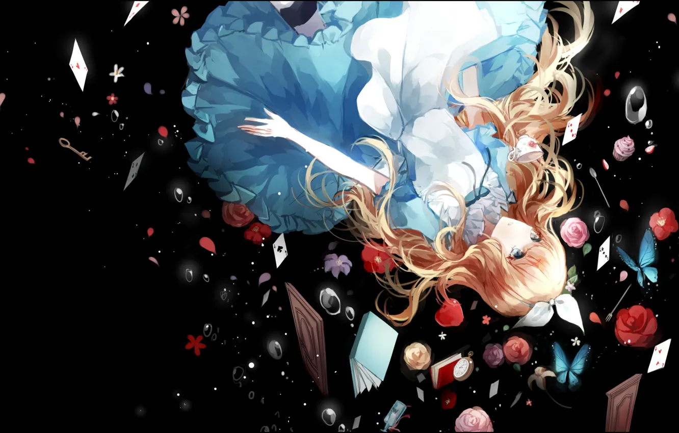 Фото обои карты, девушка, цветы, розы, аниме, падение, арт, алиса, под водой, alice in wonderland, atsumu