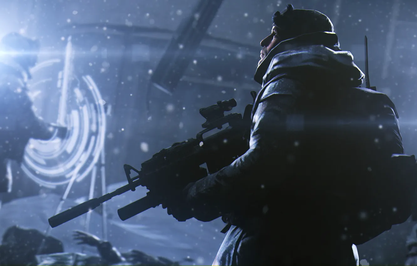 Фото обои зима, снег, оружие, солдат, автомат