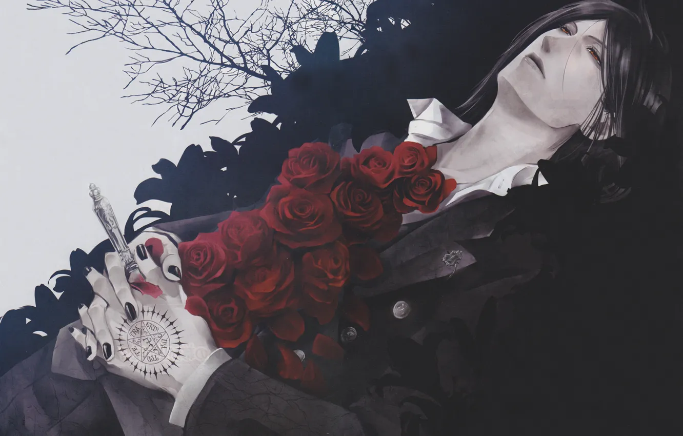 Фото обои розы, нож, красные глаза, пентаграмма, алые, скорбь, Kuroshitsuji, Sebastian Michaelis, дьявольский дворецкий