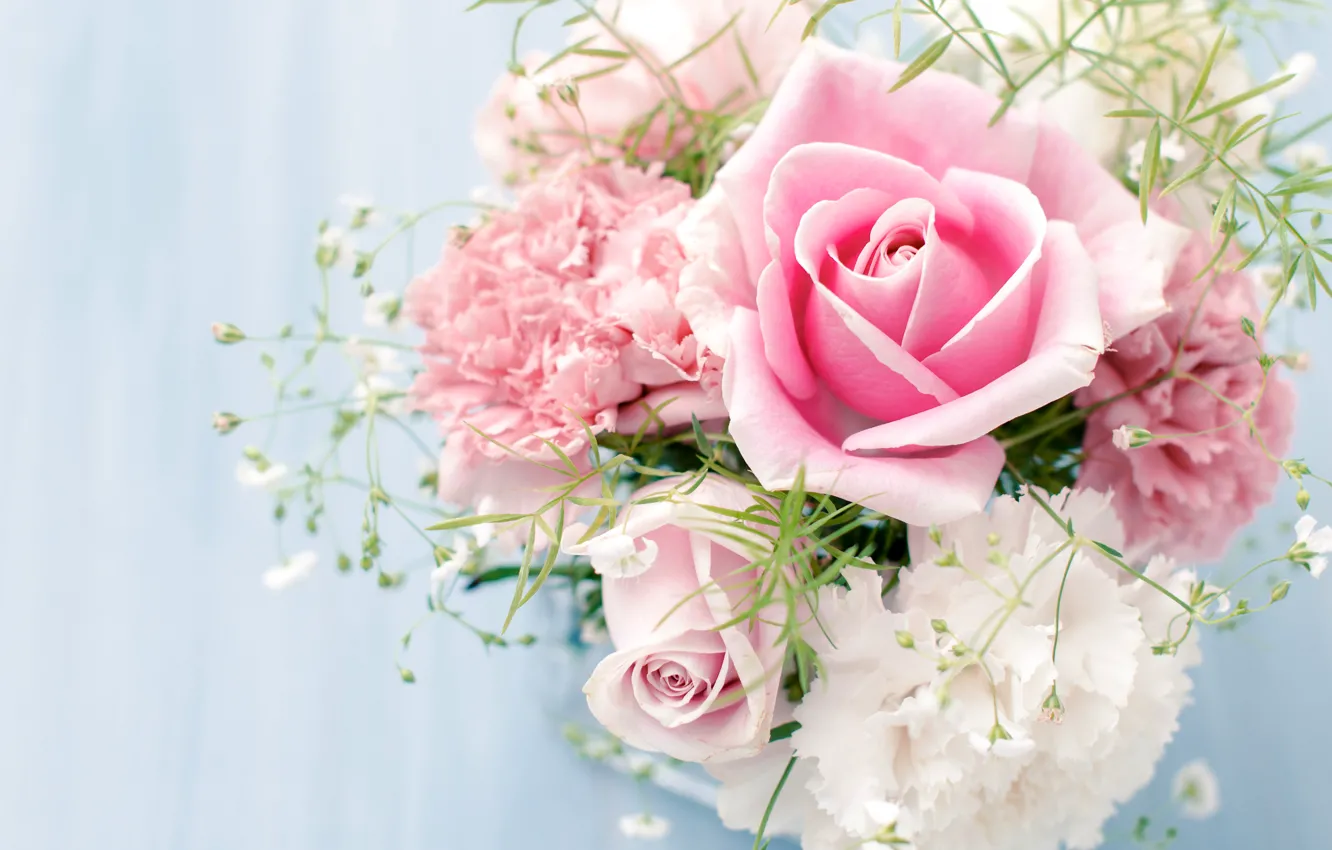 Фото обои цветы, розы, букет, розовые, белые, гвоздики