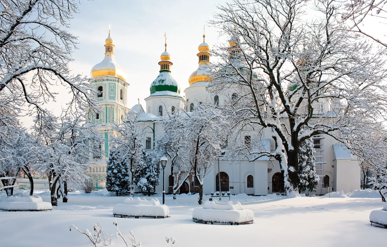 Фото обои зима, снег, деревья, Украина, Киев, Софийский собор