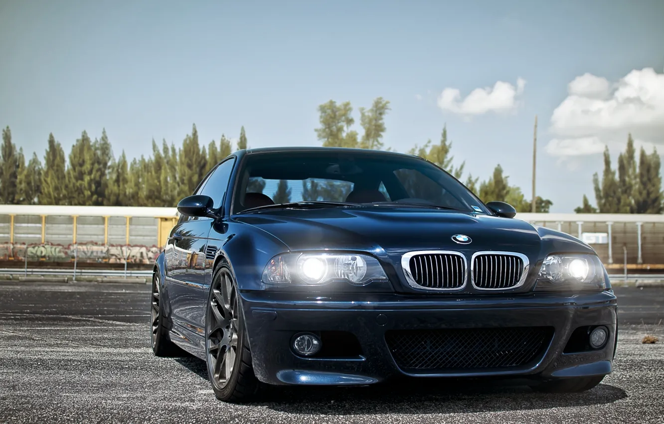Фото обои небо, синий, фары, тюнинг, BMW, БМВ, tuning, передок, E46
