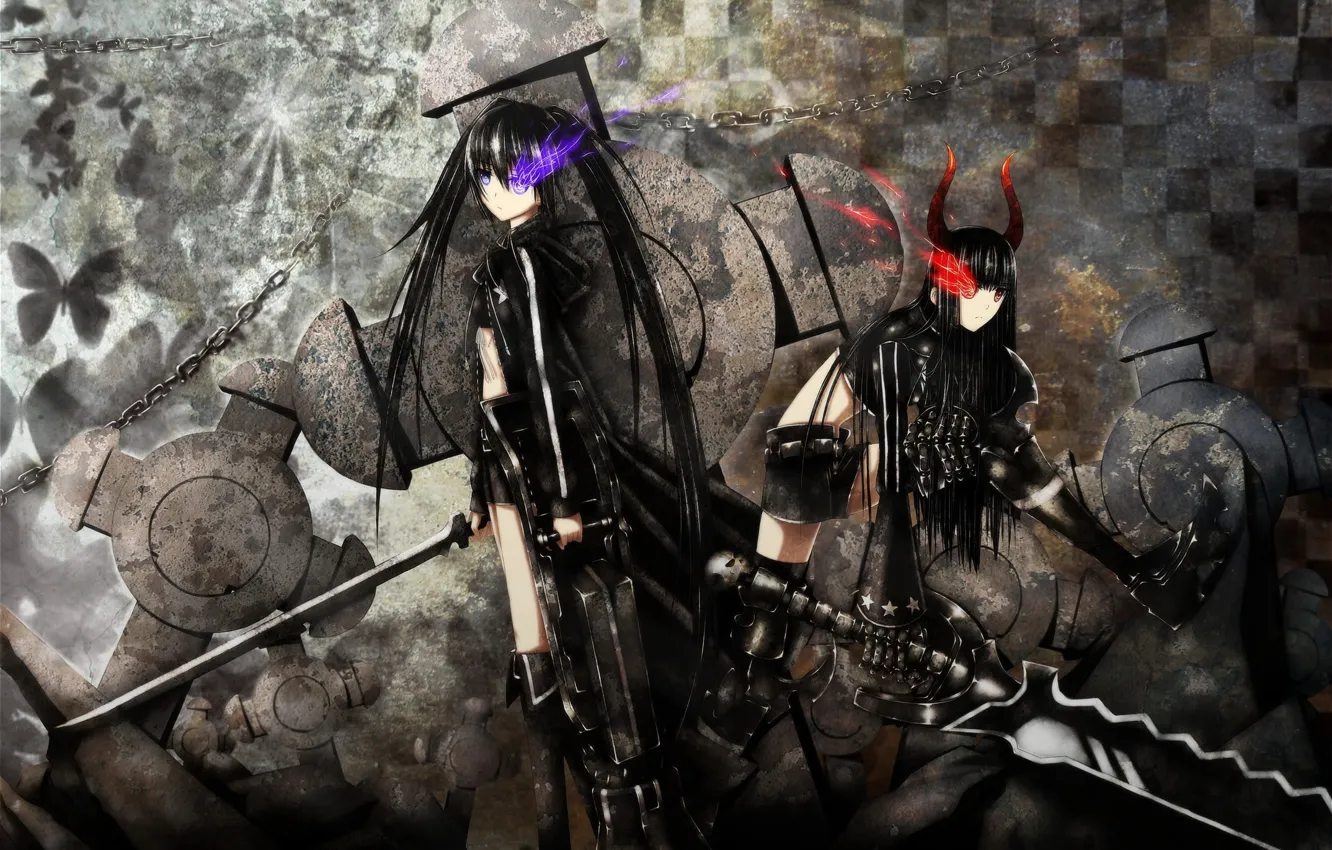 Фото обои оружие, девушки, меч, аниме, арт, рога, black rock shooter, стрелок с черной скалы, мато курои, …