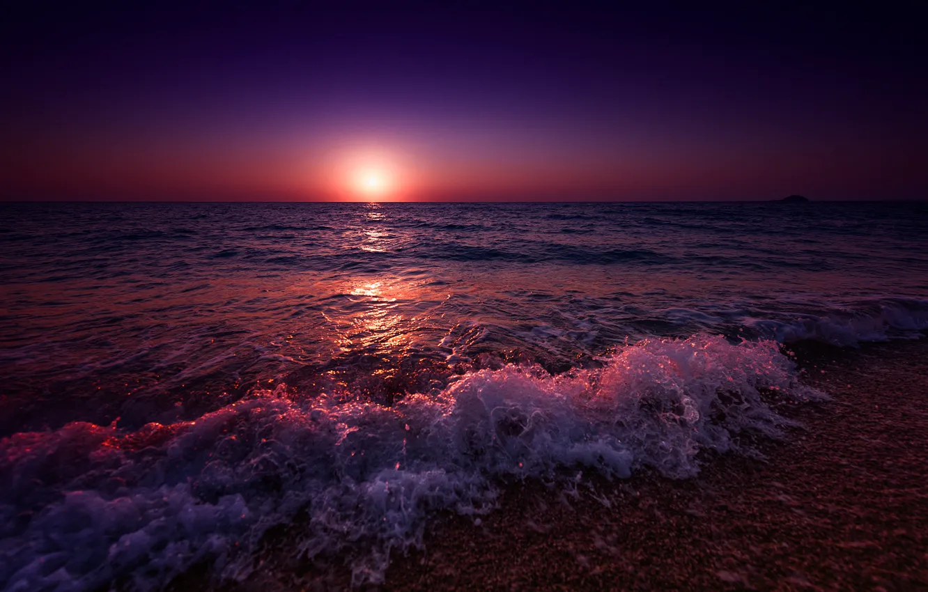 Фото обои небо, солнце, закат, берег, побережье, вечер, Греция, прибой, sky, sunset, evening, sun, purple, Greece, Ионическое …