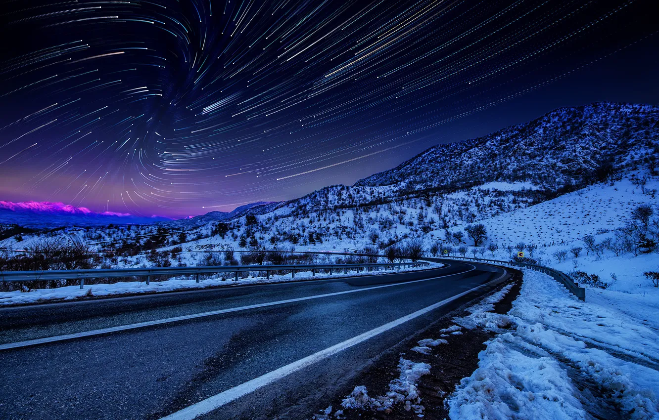 Фото обои зима, небо, звезды, снег, пейзаж, горы, ночь, природа, Дорога