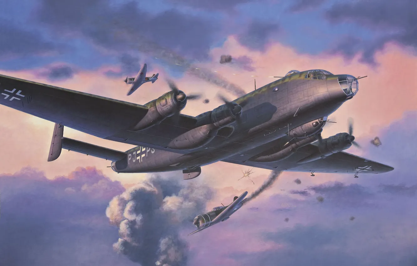 Фото обои небо, война, истребитель, бомбардировщик, Арт, Лавка, Ла-7, разведчик, немецкий, Юнкерс, Junkers, четырёхмоторный, советский, поршневой, одномоторный, …
