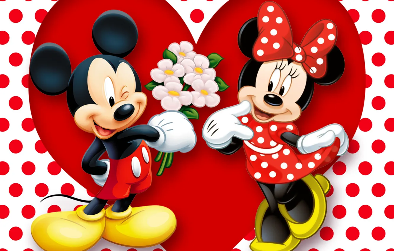 Фото обои red, love, heart, cartoon, disney, romance, polka dots, minnie, mickey