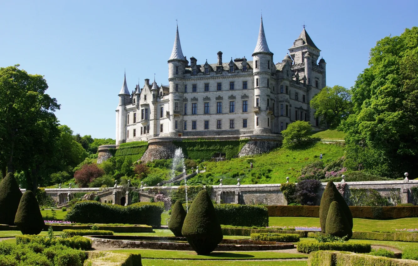 Фото обои парк, замок, сад, Шотландия, фонтан, Scotland, Castle, Sutherland, Dunrobin